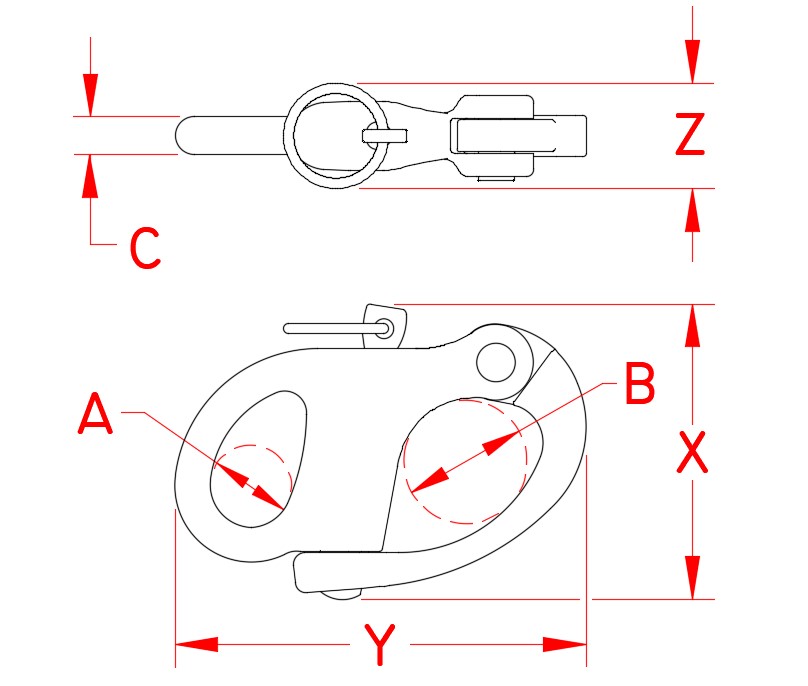 Stainless Steel Fixed Snap Shackle, S0158-0001, S0158-0002, S0158-0003, Line Drawing